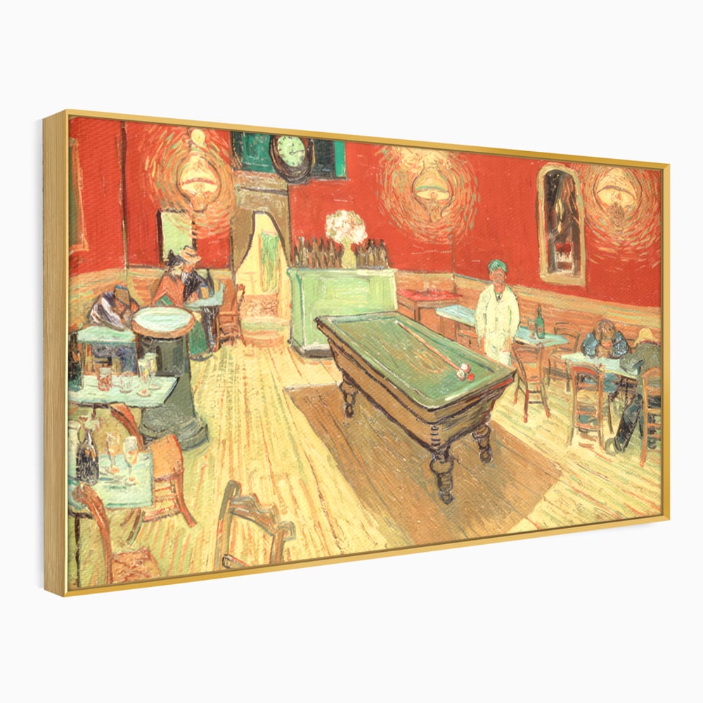 Tablou canvas cu reproducere pictura biliard intr-un bar, in rama de aluminiu auriu